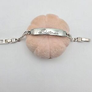 BRIGHTON "Sisters" ID Bracelet Scrollwork Silver Plate Cuban Chain 6.5"-7.25"